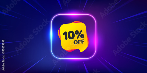 Sale 10 percent off banner. Neon light frame offer banner. Discount sticker shape. Coupon bubble icon. Sale 10 percent promo event flyer, poster. Sunburst neon coupon. Flash special deal. Vector