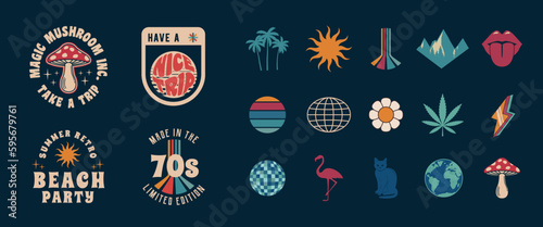 Retro Groovy logo set and 15 trendy elements and icons. Design elements for t-shirt, banner, poster, cover, badge, logo and label. Vector illustration