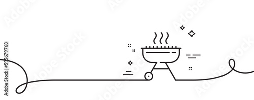 Grill line icon. Continuous one line with curl. Barbecue cooker for cooking food sign. Hot meat brazier symbol. Grill single outline ribbon. Loop curve pattern. Vector