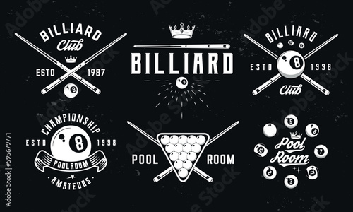 Billiard, 8-ball logo set.  Hipster Design. Pool room, 8-ball. Emblem, poster templates. Vector illustration