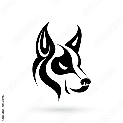 Dog head with bold black and white tribal calligraphic accents on a white background in minimalist style photo