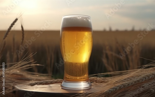 A glass of lager beer on a table on a wheat field background light beer illustration Generative AI