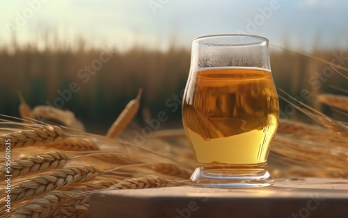 A glass of lager beer on a table on a wheat field background light beer illustration Generative AI