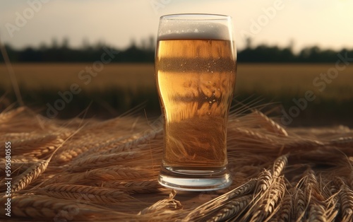 A glass of lager beer on a table on a wheat field background light beer illustration Generative AI
