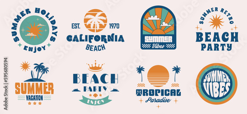 Summer holidays logos. Vintage typography. Summer beach, vacation, travel, tropical paradise emblems. Vector apparel templates