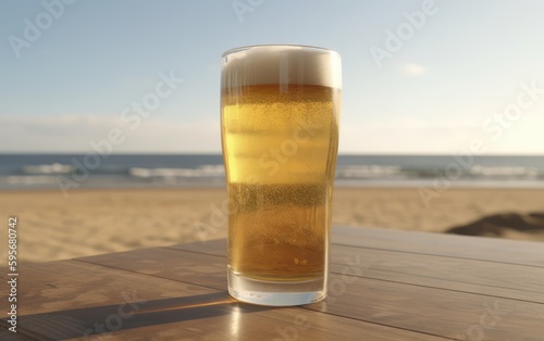 A glass of lager beer on table on a summer beach bar background light beer illustration Generative AI