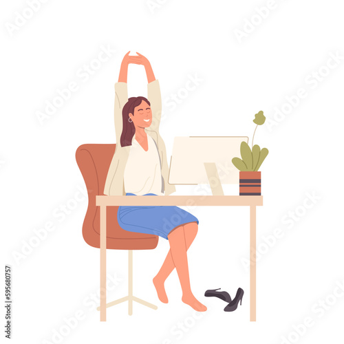 Smiling woman office worker character sitting at desk having rest and doing stretching exercise