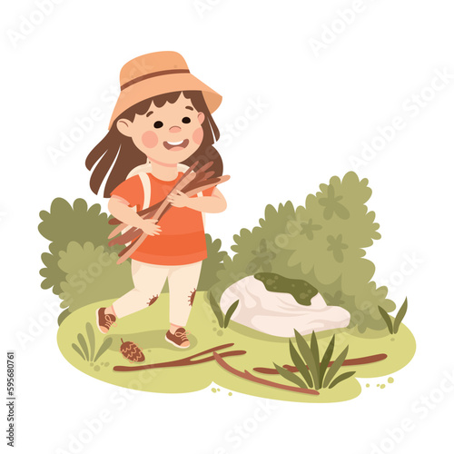 Cute Girl with Backpack Hiking Gathering Brushwood Vector Illustration