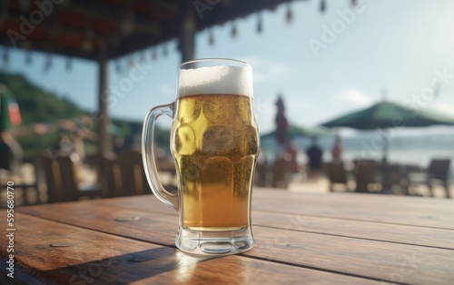 A glass of lager beer on table on a summer beach bar background light beer illustration Generative AI