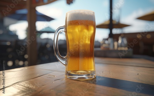 A glass of lager beer on table on a summer beach bar background light beer illustration Generative AI