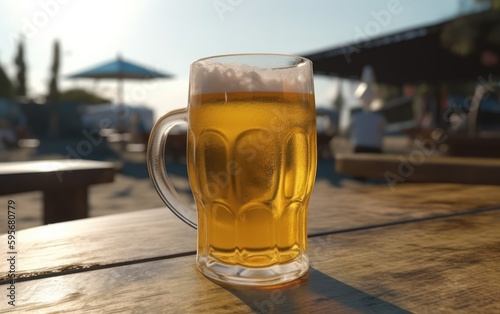 A glass of lager beer on table on a summer beach bar background light beer illustration Generative AI