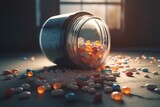 AI-generated concept image of medicine and health with scattered pills and a pill bottle, representing pain-free well-being and medical research. Generative AI