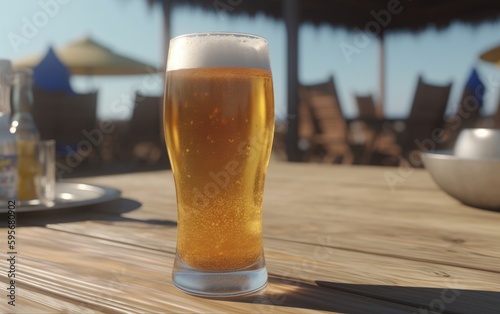 A glass of lager beer on table on a summer beach bar background light beer illustration Generative AI