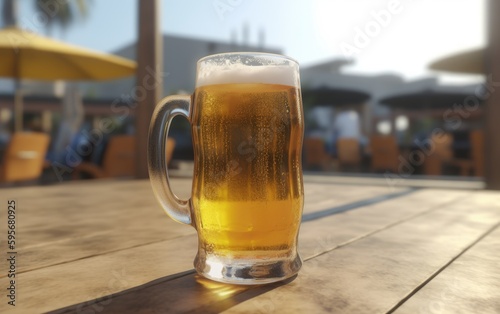 A glass of lager beer on table on a summer beach bar background light beer illustration Generative AI