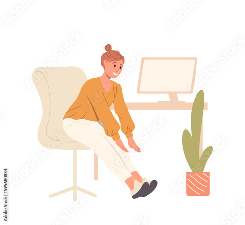Tired overworked woman office worker stretching legs sitting at table by computer isolated on white