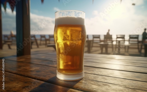 A glass of lager beer on table on a summer beach bar background light beer illustration Generative AI