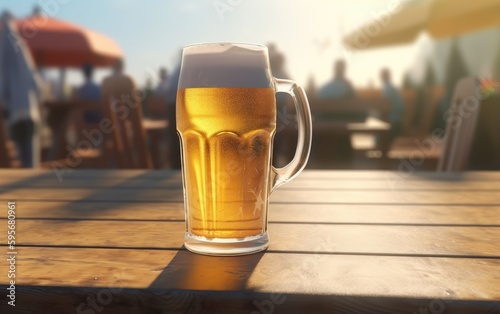 A glass of lager beer on table on a summer beach bar background light beer illustration Generative AI