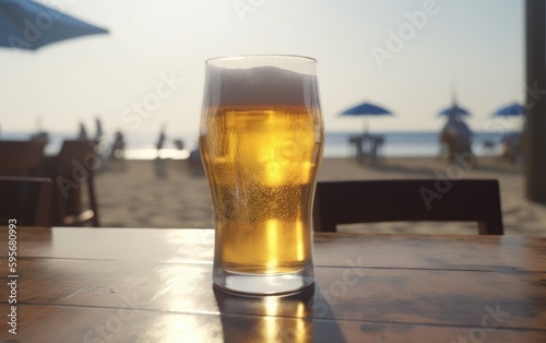 A glass of lager beer on table on a summer beach bar background light beer illustration Generative AI