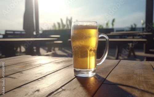 A glass of lager beer on table on a summer beach bar background light beer illustration Generative AI