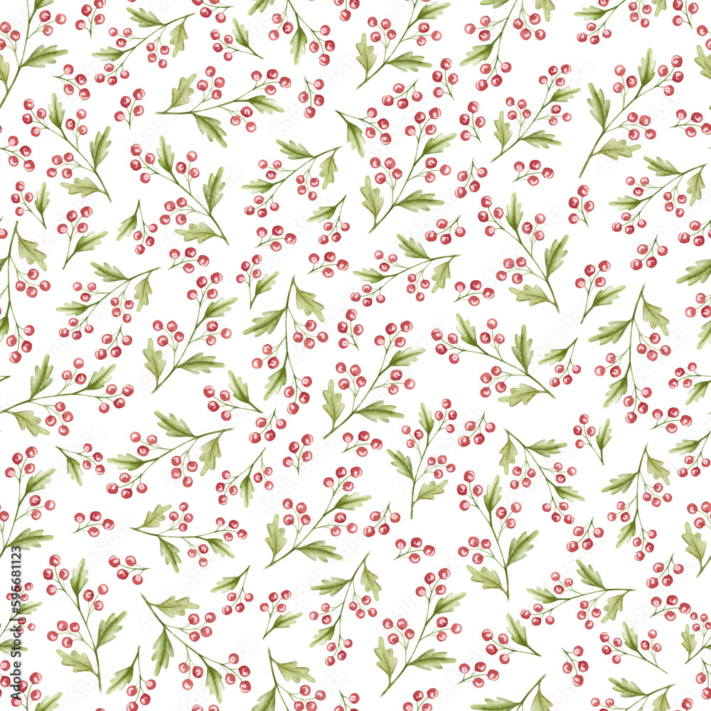 Watercolor drawing, sprig of red berries. Seamless pattern Cranberries, lingonberries, small berries. Illustration for gift, postcard and packaging design. Watercolor drawing, sprig of red berries. Seamless pattern Cranberries, lingonberries, small berries. Illustration for gift, postcard and packaging design.