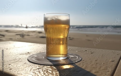 A glass of lager beer on table on a summer beach bar background light beer illustration Generative AI