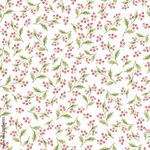 Watercolor drawing, sprig of red berries. Seamless pattern Cranberries, lingonberries, small berries. Illustration for gift, postcard and packaging design.