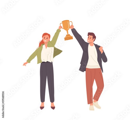 Happy successful business man and woman holding trophy cup golden goblet vector illustration