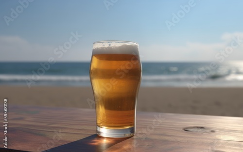 A glass of lager beer on table on a summer beach bar background light beer illustration Generative AI