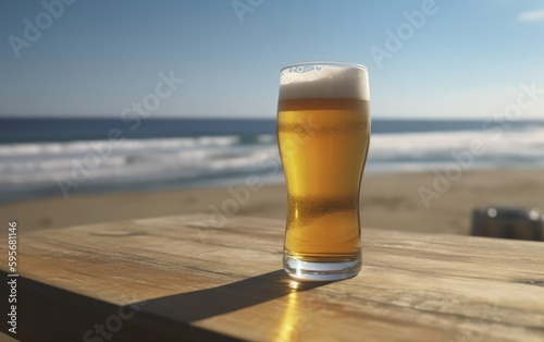 A glass of lager beer on table on a summer beach bar background light beer illustration Generative AI