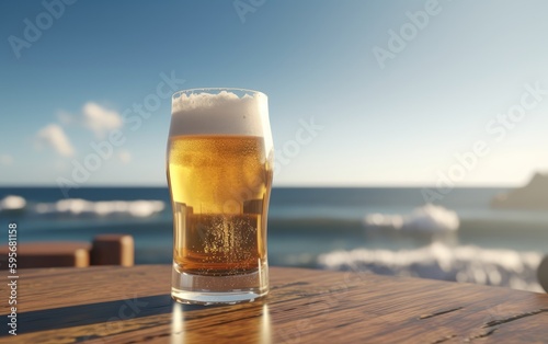 A glass of lager beer on table on a summer beach bar background light beer illustration Generative AI