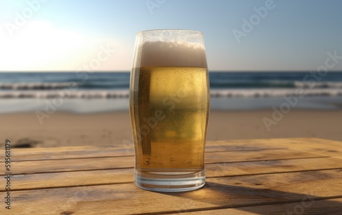 A glass of lager beer on table on a summer beach bar background light beer illustration Generative AI