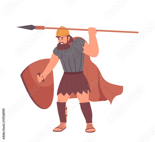 Angry roman Goliath warrior in helmet standing with shield and attacking with spear on white