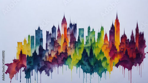 Watercolor painting colorful cityscape