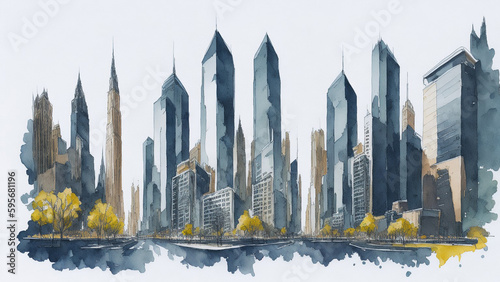 Buildings in the city, watercolor painting of cityscape