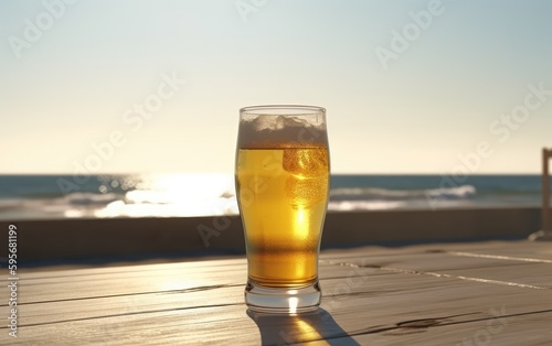 A glass of lager beer on table on a summer beach bar background light beer illustration Generative AI