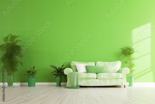 modern living room with a green wall, potted plants and a comfortable couch. Generative AI