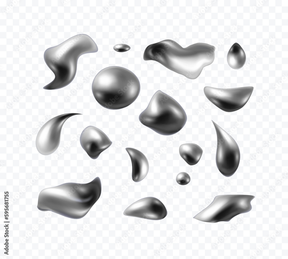 Chrome metal ball and droplet set isolated on transparent background