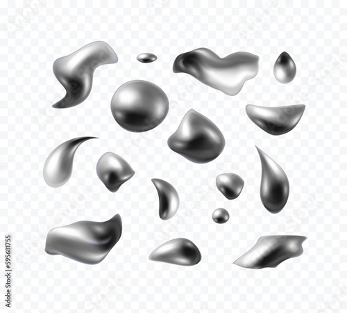 Chrome metal ball and droplet set isolated on transparent background. Vector 3D mercury, liquid silver blob, steel sphere, orb, metallic paint drop or glossy grey bubbles