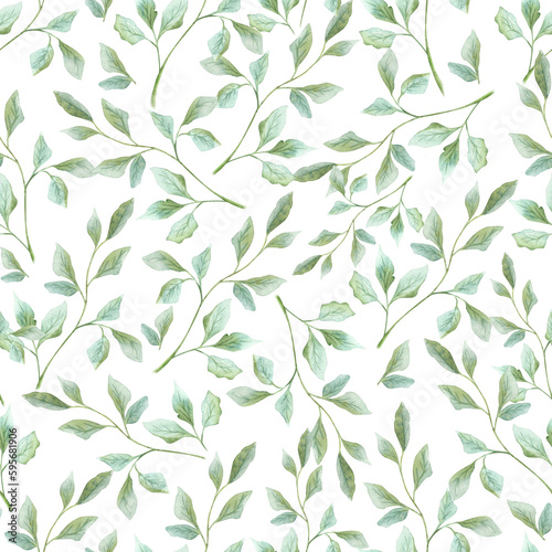 Watercolor drawing, sprig with bluebell flowers, light leaves. Seamless pattern. Illustration for fabric, paper, gift design, cards and packaging.