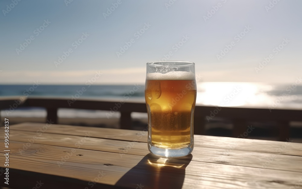 A glass of lager beer on table on a summer beach bar background light beer illustration Generative AI A glass of lager beer on table on a summer beach bar background light beer illustration Generative AI
