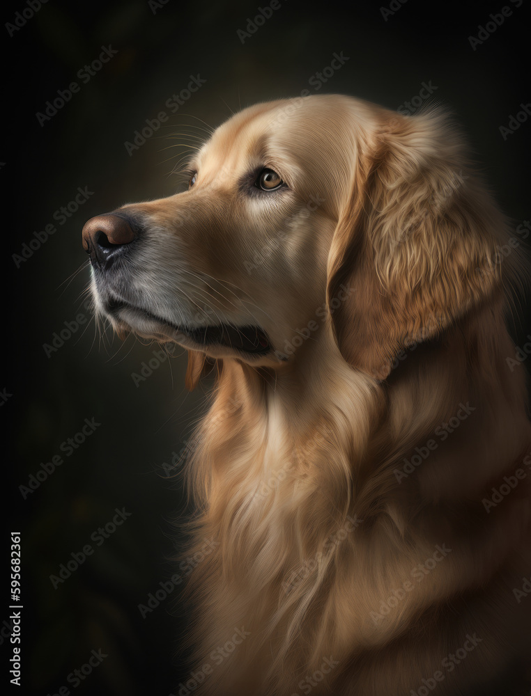 close up portrait of a cute golden retriever in the studio. AI generative
