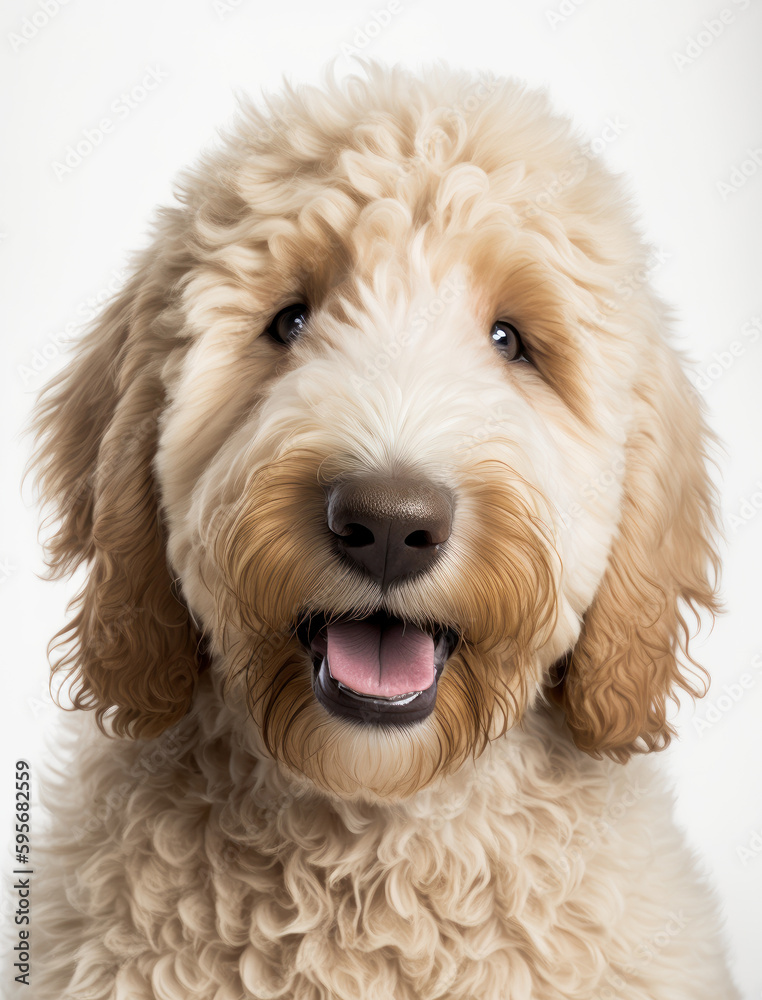 closeup portrait of a happy Goldendoodle on a white background. AI generative