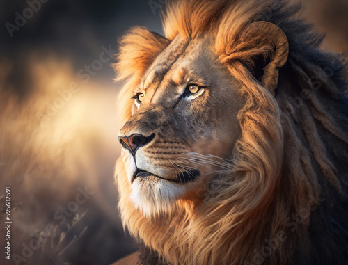 closeup portrait of a lion on the nature. AI generative