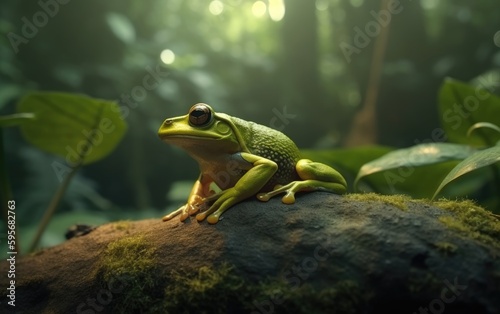 A frog or toad sits in a jungle background rainforest frog Generative AI
