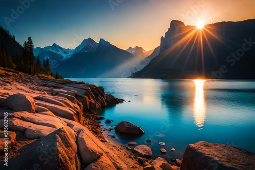 słońce oświetlające jezioro © Ami