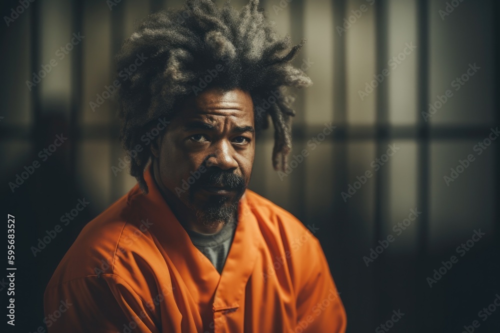 Fototapeta premium Prisoner in an Orange Suit sitting in prison. Generative Ai