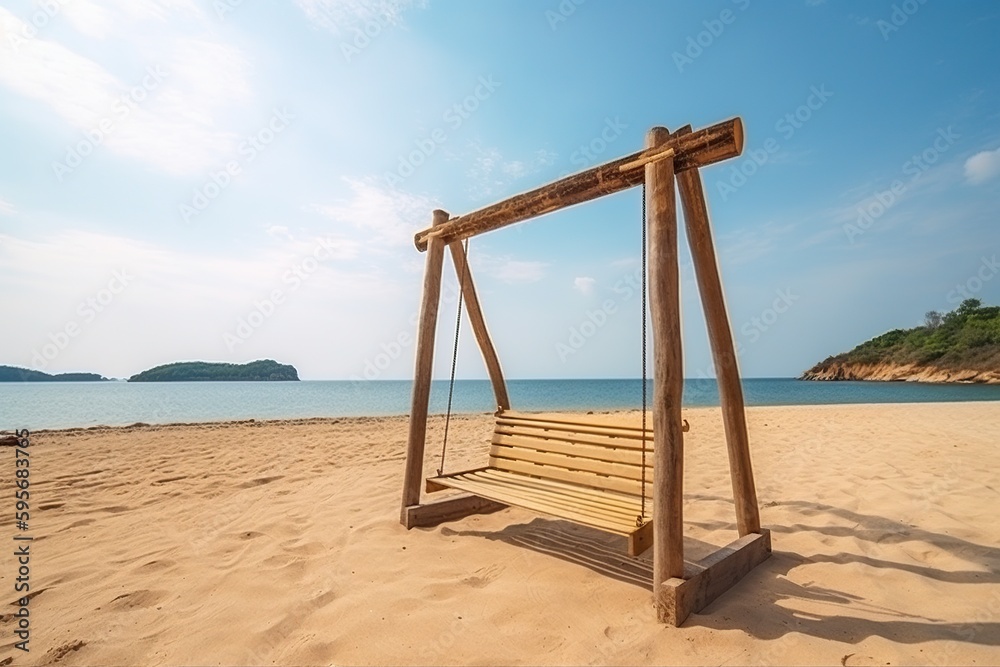 illustration, wooden swing on the beach, ai generative