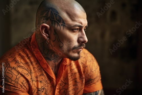 Prisoner in an Orange Suit sitting in prison. Generative Ai
