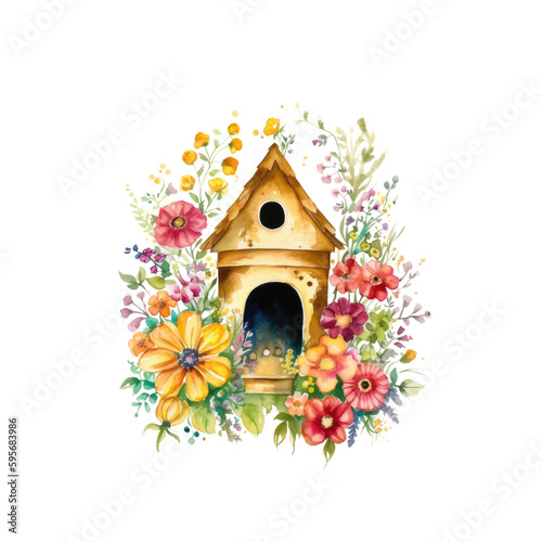 Watercolor Bird House, AI Generated