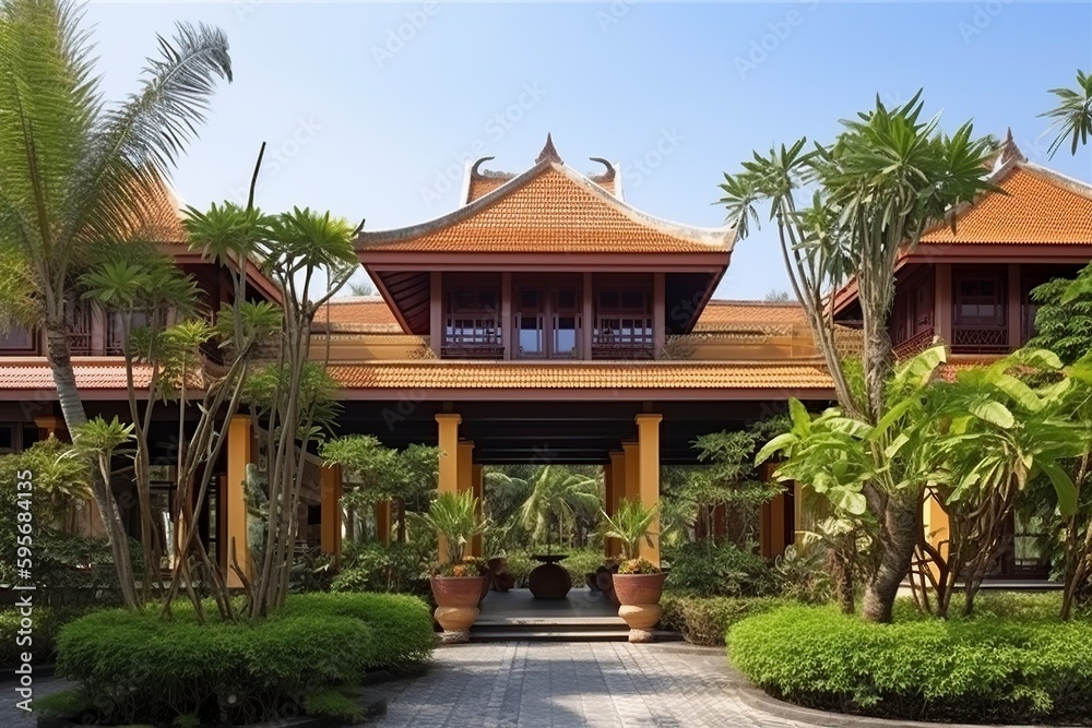 illustration, chinese style villa in the tropics, ai generative